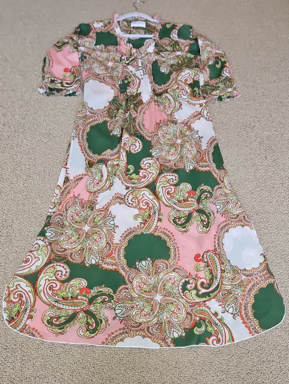 One Season Australia Faro Paisley Cotton Maxi Dress Green Pink EUC Sz. Small
